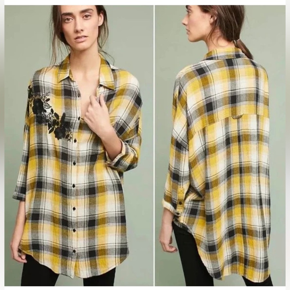 Anthropology mave long relaxed embroidered punk grunge bohemian button up plaid